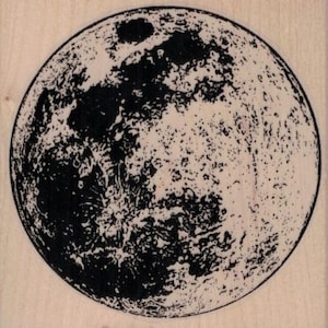 May include: A black and white illustration of the moon, showing craters and a dark, shaded area on the right side.