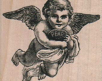 Angel cherub with pear  rubber stamps   wood mounted 6200