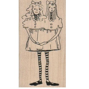 May include: A black and white illustration of two girls with long hair and dresses, joined at the waist. They are wearing striped stockings and black shoes.