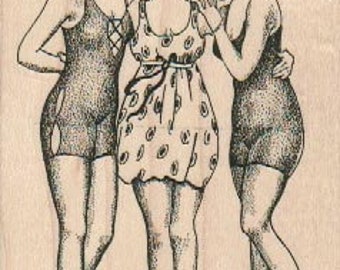 Rubber stamp 3 woman in vintage swim suits summer friends stamps 17689