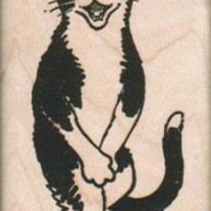 May include: Black and white cartoon illustration of a cat standing on its hind legs with its front paws raised. The cat has a wide open mouth and a surprised expression.