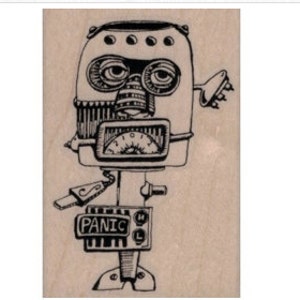 May include: A black and white line drawing of a robot with a gauge, a lever, and the word "PANIC" on a sign. The robot has a round head with two eyes and a mouth, and a body with a gauge and a lever. The robot is standing on a base with a sign that says "PANIC".