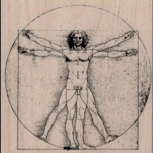 May include: A black and white line drawing of a human figure in a circle and square. The figure is in a pose with arms outstretched and legs spread apart. The drawing is reminiscent of Leonardo da Vinci's Vitruvian Man.