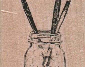 Artist paint brushes in a jar  rubber  stamps     wood mounted 9235