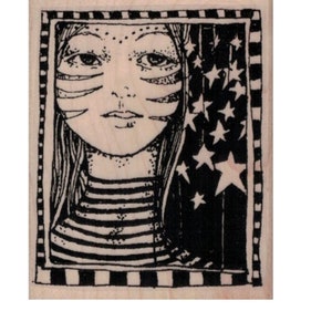 Könnte beinhalten: Schwarz-weiß-Illustration eines Mädchens mit Sternen im Hintergrund. Das Mädchen trägt ein gestreiftes Hemd und ein Muster im Gesicht.