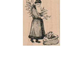 Christmas Santa Claus rubber stamp with tree  crafting scrapbooking supplies  St. Nick 18939  holzstempel
