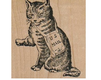 May include: A black and white illustration of a cat wearing a mail carrier bag with the text "U.S. MAIL" on it.