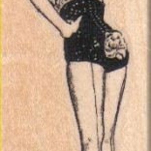May include: A black and white illustration of a woman wearing a black and white polka dot dress and a top hat. She is holding the hat in her hand and looking over her shoulder.
