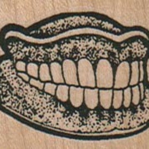May include: A black and white illustration of a set of dentures. The dentures are made of plastic and have a realistic appearance.