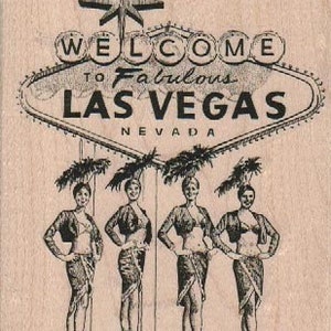 Könnte beinhalten: Eine Vintage-Illustration des ikonischen "Welcome to Fabulous Las Vegas"-Schilds mit vier Showgirls davor. Das Schild hat die klassische Diamantform mit einem Stern oben und die Worte "Welcome to Fabulous Las Vegas, Nevada" in schwarzer Schrift.