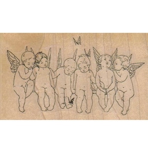 May include: A black and white line drawing of six cherubs sitting together with wings. The cherubs are all facing forward and have their hands clasped in front of them. There is a butterfly in the background.