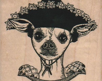 Rubber stamp Dog face Chihuahua Dog In Hat Steampunk  wood Mounted  scrapbooking supplies number 12689