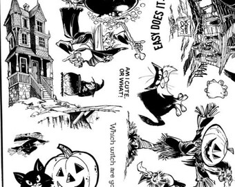 May include: Black and white illustration of a Halloween scene with a haunted house, a witch, a cat, a pumpkin, and a scarecrow. The text "Easy does it..." and "Am I cute, or what!" are also included.  The text "Which witch are you?" is at the bottom of the image.