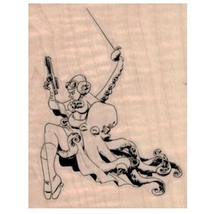 Puede incluir: Un dibujo en blanco y negro de una mujer con un gran pulpo como falda. Ella sostiene una pistola en su mano derecha y lleva un casco de piloto en la cabeza.