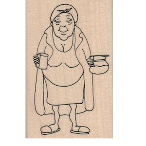 May include: A black and white line drawing of a woman holding a mug and a pitcher. The woman is wearing a dress, a robe, and a headscarf. The image is on a light brown background.
