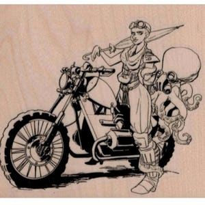 May include: A black and white illustration of a woman riding a motorcycle with an octopus as a passenger. The woman is wearing goggles and a leather jacket. The motorcycle has a large front wheel and a sidecar.