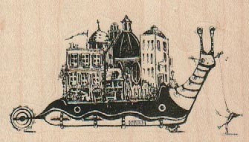 Snail with city on his back Stamp whimsical Rubber Stamp by Mary Vogel Lozinak 18975 image 1