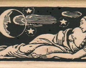 Sleeping Lady Moon rubber stamps place cards gifts  wood mounted  number 4352