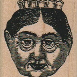 May include: A black and white illustration of a woman's face with a crown on her head. She is wearing glasses and has a serious expression.