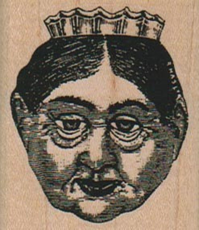 May include: A black and white illustration of a woman's face with a crown on her head. She is wearing glasses and has a serious expression.