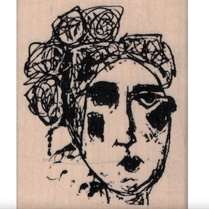 May include: Black and white line drawing of a person's face with a large, elaborate headdress. The headdress is made of swirling lines and circles, resembling flowers or leaves.