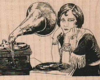 Woman listening to music victrola rubber stamps place cards gifts   wood mounted  number18590 Steampunk
