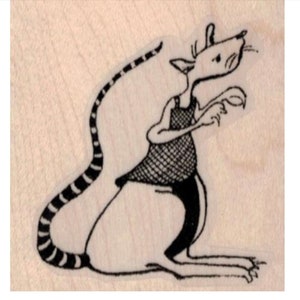 May include: A whimsical black and white illustration of a rat wearing a mesh top. The rat has a long, striped tail and is posed with its arms up, giving it a curious expression. The image is on a light wood background.