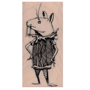 Può includere: Disegno in bianco e nero di un topo che indossa una camicia e pantaloni a righe. Il topo ha un naso lungo e grandi orecchie.