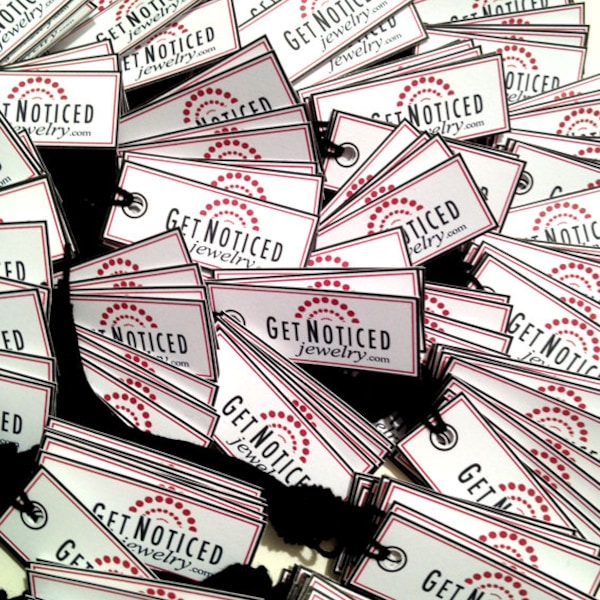 Customized 1.5 x 5/8 inch Mini Jewelry Tags - Set of 160 - Prestrung with your choice of string color