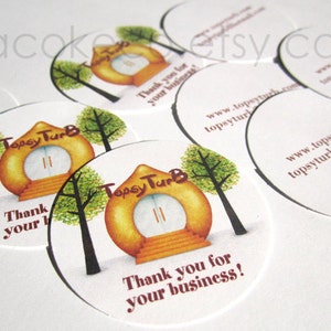 May include: Circular stickers with a whimsical design featuring a stylized house with a door, stairs, and trees. The text "Topsy TurB" and "Thank you for your business!" are printed on the stickers. Website and email address are also printed.