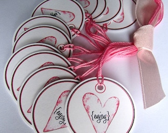 ENJOY Pink Heart Prestrung Circle Tags - Set of 12