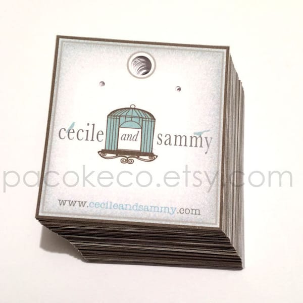 100 Customized 2 x 2 inch Logo Business Cards, Hang Tags, Earring, Necklace or Hairclip Cards