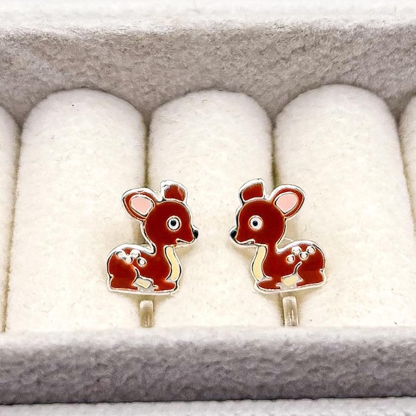Children's deer clip-on earrings, deer earrings, deer jewelry, earrings without pierced ears, first earrings, painless earrings, sterling silver, gift for children