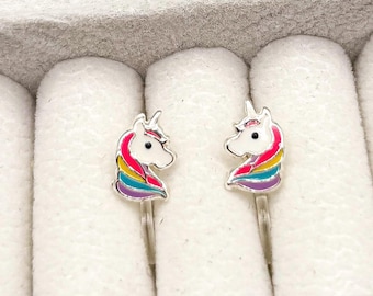 Brincos de pressão de unicórnio para crianças, cabeça de unicórnio colorida, design arco-íris, brincos sem furo na orelha, primeiros brincos, brincos indolores, presente para crianças