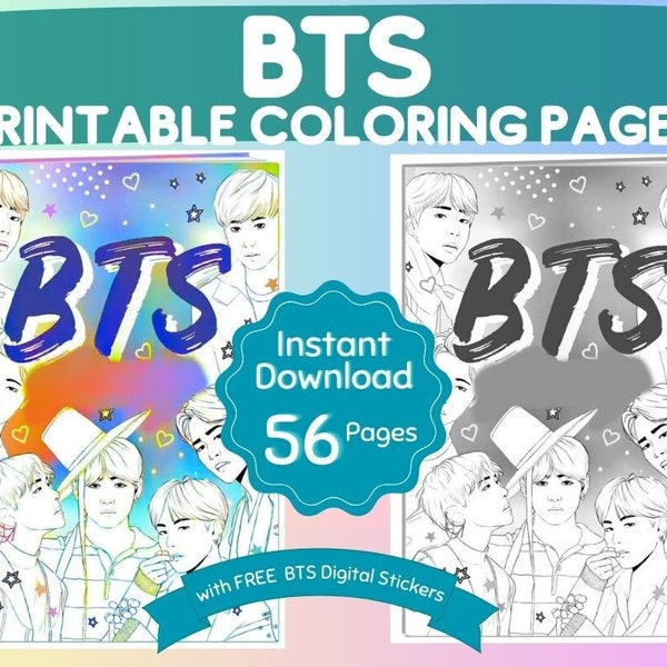 BTS Coloring Page #1, Printable Coloring Page, 56 pages w/ Free BTS Digital Stickers! btscolor, BTS Coloring books, BT21 coloring book, Kpop