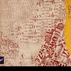 Puede incluir: Una textura de papel rasgado amarillo con el texto "Text & Collage Procreate Pattern Brush Set" y una descripción de las características del producto. El fondo es un collage de texto rojo y blanco sobre una textura de papel beige.