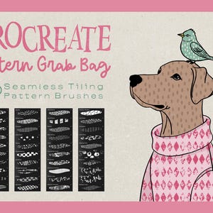 May include: Illustration featuring a dog wearing a pink sweater with a bird perched on its head. The image includes the text "PROCREATE Pattern Grab Bag" and "40 Seamless Tiling Pattern Brushes", with examples of the brushes below.