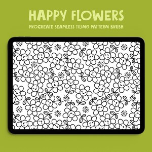 Peut inclure: Une tablette numérique affiche un motif floral noir et blanc de fleurs souriantes. Le texte "HAPPY FLOWERS" et "PROCREATE SEAMLESS TILING PATTERN BRUSH" sont en haut. Le fond est vert uni.