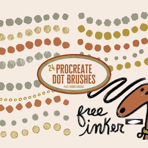 Peut inclure: 24 brosses à points Procreate plus 3 brosses bonus. Un ensemble de brosses numériques à utiliser dans l'application Procreate. Les brosses sont présentées sous forme de rangées de points de différentes tailles et couleurs, notamment gris, or et orange.