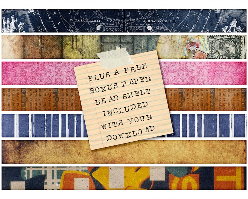 Pu&ograve; includere: Una collezione di strisce di carta digitale con vari motivi e texture, tra cui una mappa, un disegno floreale, un righello e un motivo a righe. Un appunto con il testo "PLUS A FREE BONUS PAPER BEAD SHEET INCLUDED WITH YOUR DOWNLOAD" &egrave; attaccato alla parte superiore delle strisce.