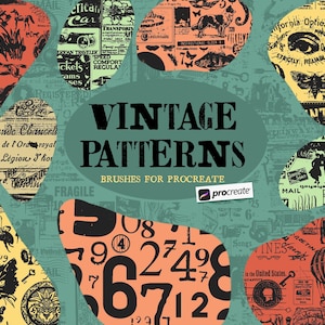 May include: A collection of vintage-style patterns in various colors, including orange, yellow, and green. The designs feature illustrations of animals, numbers, and text elements. The text "VINTAGE PATTERNS" is displayed prominently, with "BRUSHES FOR PROCREATE" below.