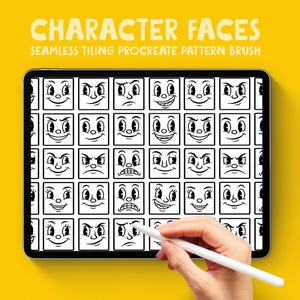Op de afbeelding: Een digitale tablet toont een patroon van cartoongezichten in zwart en wit. De tablet wordt vastgehouden door een hand met een stylus, tegen een gele achtergrond. De tekst "CHARACTER FACES" en "SEAMLESS TILTING PROCREATE PATTERN BRUSH" staat bovenaan.