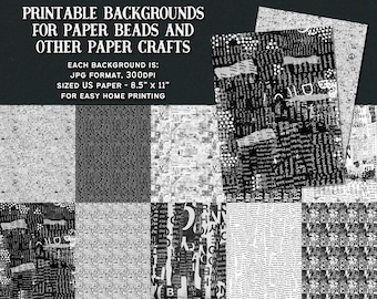 Puede incluir: Fondos imprimibles para cuentas de papel y otras manualidades de papel. Cada fondo es una imagen JPG, 300 DPI, dimensionada para papel US de 8,5 x 11 pulgadas. Los fondos presentan patrones en blanco y negro con texto.