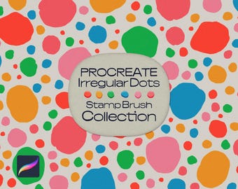 Puede incluir: Una ilustración digital de un fondo blanco con un patrón de puntos irregulares de colores. El texto "PROCREATE Irregular Dots Stamp Brush Collection" está escrito en una forma ovalada gris claro.