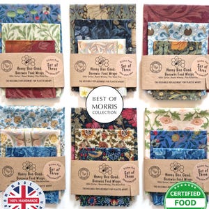 May include: Six sets of three Honey Bee Good Beeswax Food Wraps featuring various floral and botanical patterns. Each set is wrapped in a brown paper band labelled with the text 100% Cotton, Award-Winning, Pine Resin-Free, and Set of Three 30cm, 25cm, 20cm.