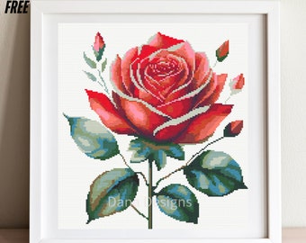 Red Rose Cross Stitch Pattern, Floral Cross Stitch Pattern, Cross Stitch Chart, Instant Download PDF