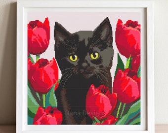 Black Cat Cross Stitch Pattern, Tulip Cross Stitch Pattern,  Red Tulip PDF, Cross Stitch Chart, Cat Lover Gift Pattern, Instant Download PDF