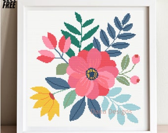 Floral Cross Stitch Pattern, Retro Flowers Cross Stitch Pattern, Floral Embroidery, Abstract Flowers