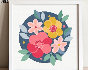Floral Cross Stitch Pattern, Retro Flowers Cross Stitch Pattern, Floral Embroidery, Abstract Flowers