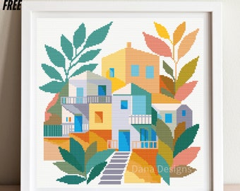 Cross Stitch Pattern, Houses Cross Stitch, Abstract Buildings, Colourful Buildings Cross Stitch Pattern, Greek Style Architecture